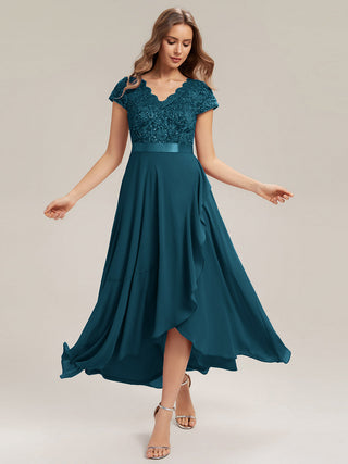 Short Sleeve Deep V-Neck Ruffled Asymmetrical High-Low Evening Dresses