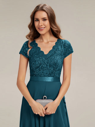 Short Sleeve Deep V-Neck Ruffled Asymmetrical High-Low Evening Dresses