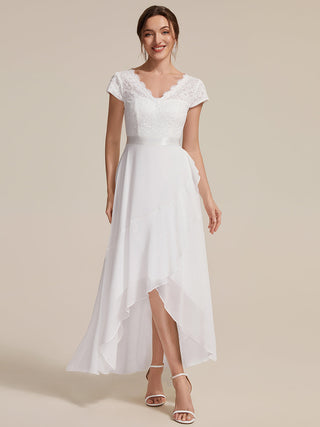Short Sleeve Deep V-Neck Ruffled Asymmetrical High-Low Evening Dresses