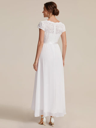 Short Sleeve Deep V-Neck Ruffled Asymmetrical High-Low Evening Dresses