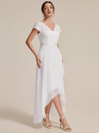 Short Sleeve Deep V-Neck Ruffled Asymmetrical High-Low Evening Dresses