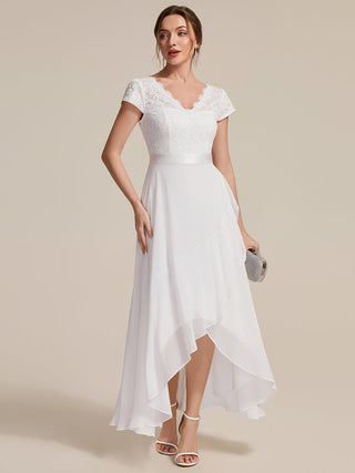 Short Sleeve Deep V-Neck Ruffled Asymmetrical High-Low Evening Dresses