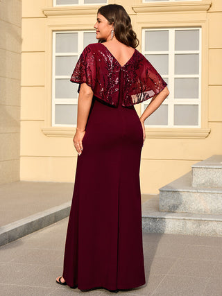 Short Sleeve Sequin Fishtail V-Neck Floor Length Evening Dresses