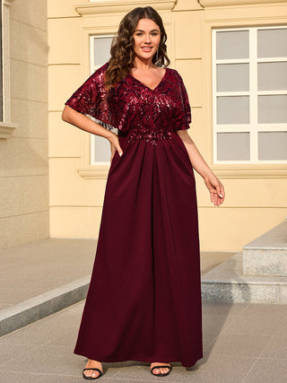 Short Sleeve Sequin Fishtail V-Neck Floor Length Evening Dresses