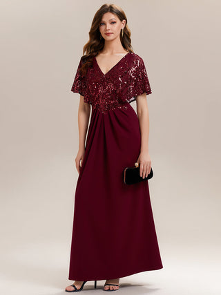 Short Sleeve Sequin Fishtail V-Neck Floor Length Evening Dresses
