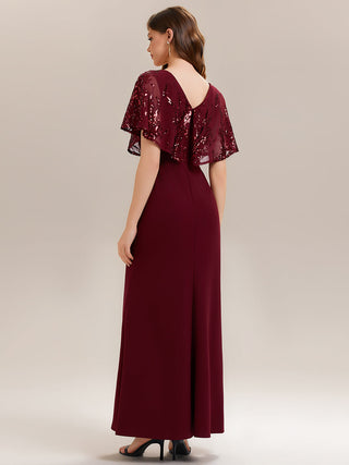 Short Sleeve Sequin Fishtail V-Neck Floor Length Evening Dresses