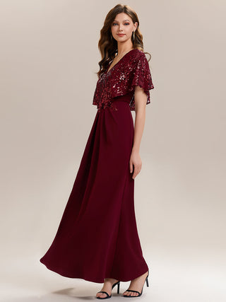 Short Sleeve Sequin Fishtail V-Neck Floor Length Evening Dresses