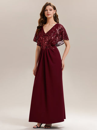 Short Sleeve Sequin Fishtail V-Neck Floor Length Evening Dresses