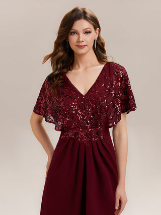 Short Sleeve Sequin Fishtail V-Neck Floor Length Evening Dresses