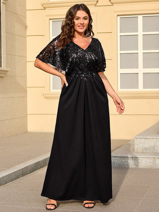 Short Sleeve Sequin Fishtail V-Neck Floor Length Evening Dresses
