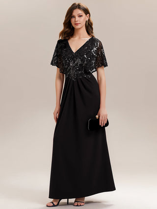 Short Sleeve Sequin Fishtail V-Neck Floor Length Evening Dresses