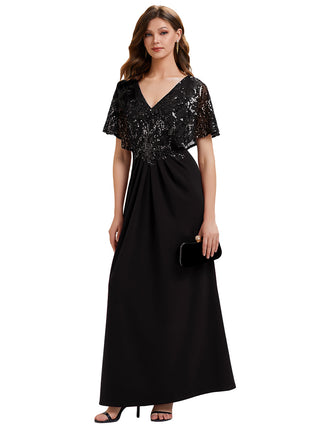 Short Sleeve Sequin Fishtail V-Neck Floor Length Evening Dresses