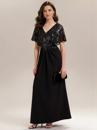 Short Sleeve Sequin Fishtail V-Neck Floor Length Evening Dresses