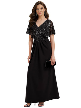 Short Sleeve Sequin Fishtail V-Neck Floor Length Evening Dresses