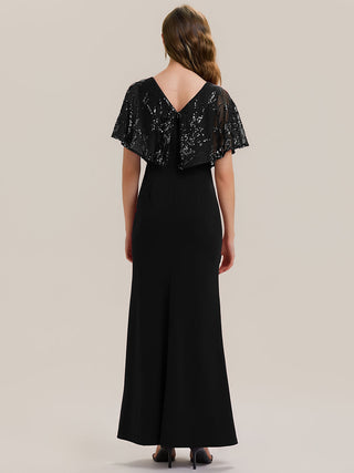 Short Sleeve Sequin Fishtail V-Neck Floor Length Evening Dresses