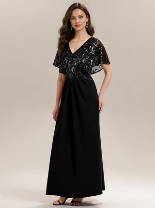Short Sleeve Sequin Fishtail V-Neck Floor Length Evening Dresses