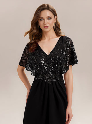 Short Sleeve Sequin Fishtail V-Neck Floor Length Evening Dresses