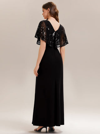 Short Sleeve Sequin Fishtail V-Neck Floor Length Evening Dresses
