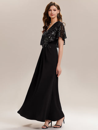 Short Sleeve Sequin Fishtail V-Neck Floor Length Evening Dresses