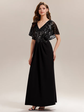 Short Sleeve Sequin Fishtail V-Neck Floor Length Evening Dresses