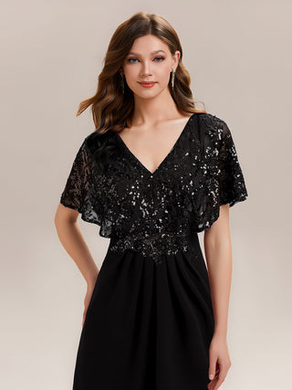 Short Sleeve Sequin Fishtail V-Neck Floor Length Evening Dresses