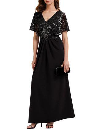 Short Sleeve Sequin Fishtail V-Neck Floor Length Evening Dresses