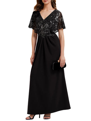 Short Sleeve Sequin Fishtail V-Neck Floor Length Evening Dresses