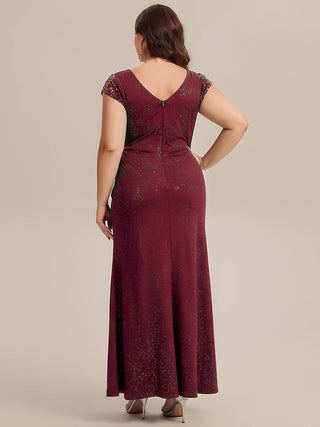 Short Sleeve Deep V-Neck Sequin Bodycon Floor Length Evening Dresses