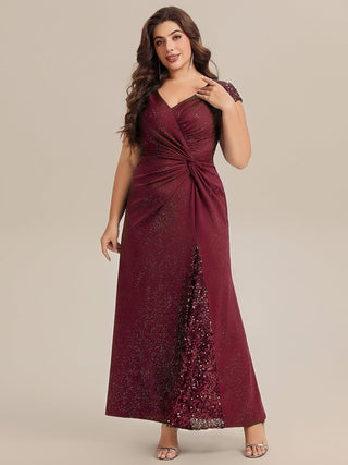Short Sleeve Deep V-Neck Sequin Bodycon Floor Length Evening Dresses