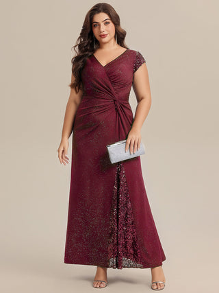 Short Sleeve Deep V-Neck Sequin Bodycon Floor Length Evening Dresses
