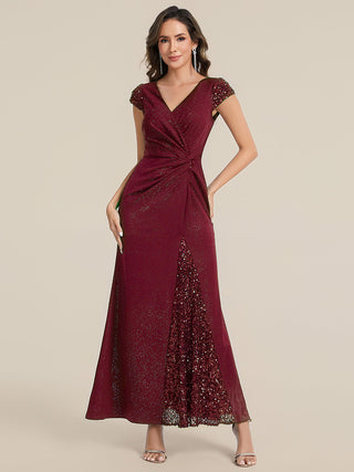 Short Sleeve Deep V-Neck Sequin Bodycon Floor Length Evening Dresses