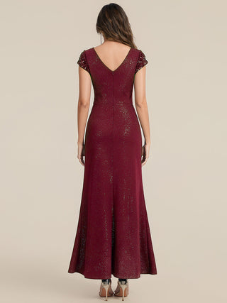 Short Sleeve Deep V-Neck Sequin Bodycon Floor Length Evening Dresses