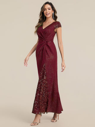 Short Sleeve Deep V-Neck Sequin Bodycon Floor Length Evening Dresses