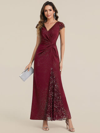 Short Sleeve Deep V-Neck Sequin Bodycon Floor Length Evening Dresses