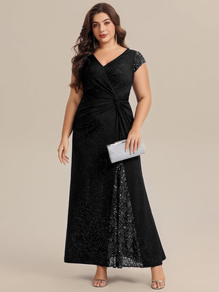 Short Sleeve Deep V-Neck Sequin Bodycon Floor Length Evening Dresses