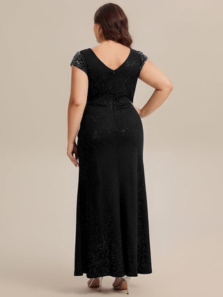 Short Sleeve Deep V-Neck Sequin Bodycon Floor Length Evening Dresses