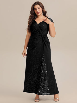 Short Sleeve Deep V-Neck Sequin Bodycon Floor Length Evening Dresses