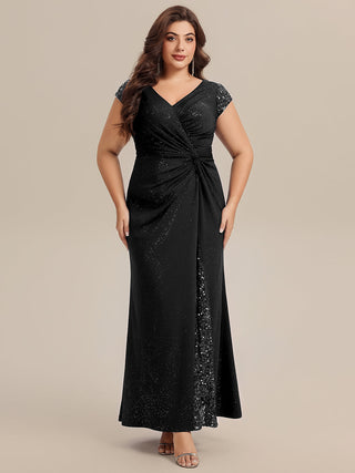 Short Sleeve Deep V-Neck Sequin Bodycon Floor Length Evening Dresses