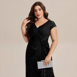 Short Sleeve Deep V-Neck Sequin Bodycon Floor Length Evening Dresses