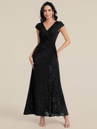 Short Sleeve Deep V-Neck Sequin Bodycon Floor Length Evening Dresses