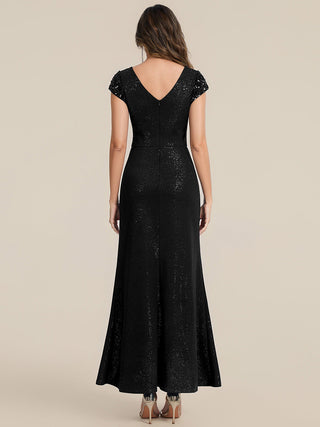 Short Sleeve Deep V-Neck Sequin Bodycon Floor Length Evening Dresses