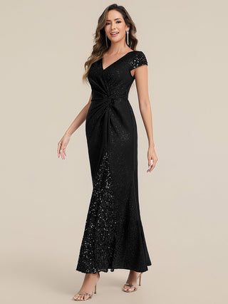 Short Sleeve Deep V-Neck Sequin Bodycon Floor Length Evening Dresses