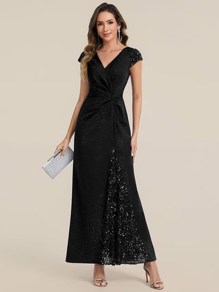 Short Sleeve Deep V-Neck Sequin Bodycon Floor Length Evening Dresses
