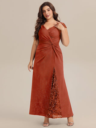 Short Sleeve Deep V-Neck Sequin Bodycon Floor Length Evening Dresses