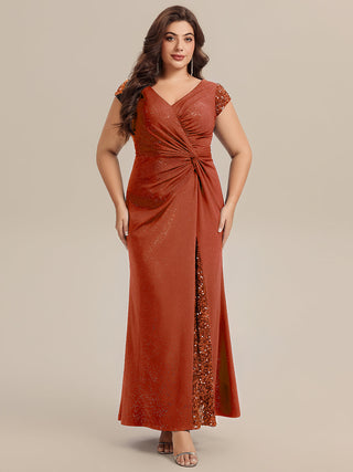 Short Sleeve Deep V-Neck Sequin Bodycon Floor Length Evening Dresses