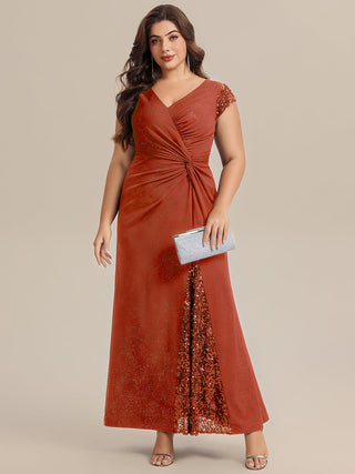 Short Sleeve Deep V-Neck Sequin Bodycon Floor Length Evening Dresses