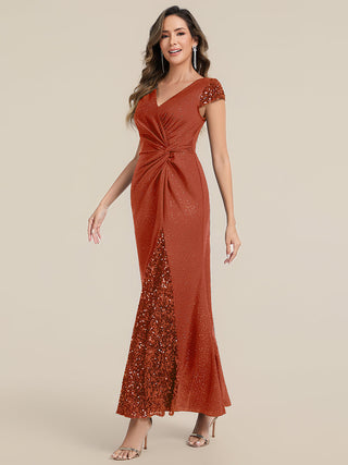 Short Sleeve Deep V-Neck Sequin Bodycon Floor Length Evening Dresses