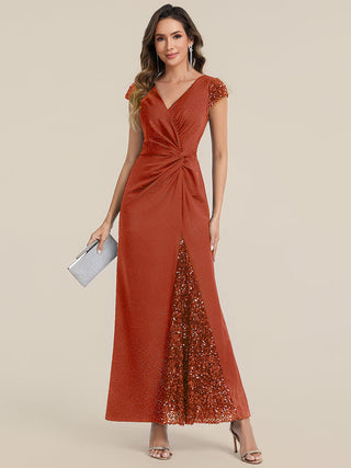 Short Sleeve Deep V-Neck Sequin Bodycon Floor Length Evening Dresses