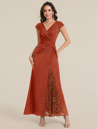 Short Sleeve Deep V-Neck Sequin Bodycon Floor Length Evening Dresses