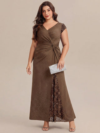 Short Sleeve Deep V-Neck Sequin Bodycon Floor Length Evening Dresses
